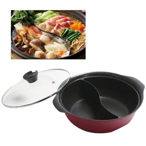 Tabletop pot, approximately 28cm, divider pot, serves 3-5 people, double-handled, dual-serving pot, gas and induction compatible, lightweight with gla