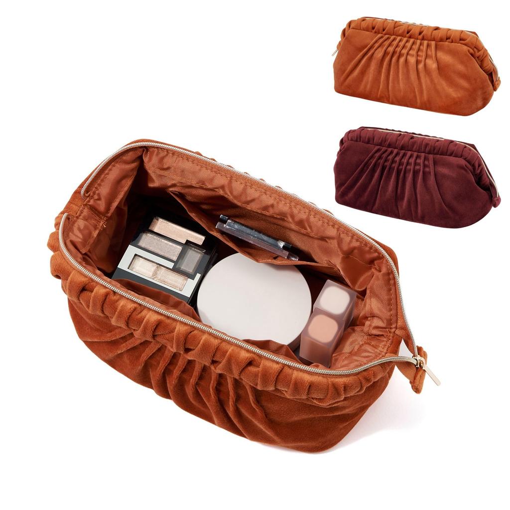 Francfranc Velvet Pleated Wire with Makeup Cosmetic Storage Pouch, Orange, Pockets, Pouch,