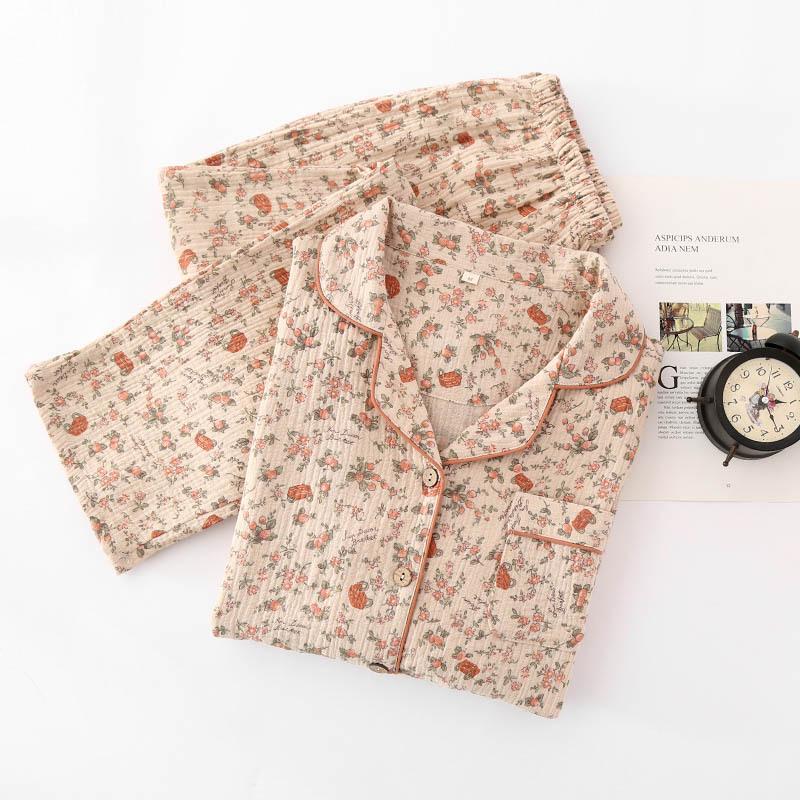 Pajamas pure cotton crepe women's long sleeves, lapel cardigan retro spring and autumn women's, cotton yarn loungewear two-piece set