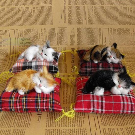 Simulation Cat Model with Cushion Base Faux Fur 3D Look Cute Animal Craft Ornament Miniature Fake Kitten Statue Figurine Car Ornament Home Decoration