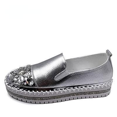 Kristallen ronde neus lederen flats schoenen dames zilveren bling loafers paar platformschoenen vrouw plat met studenten maat 43