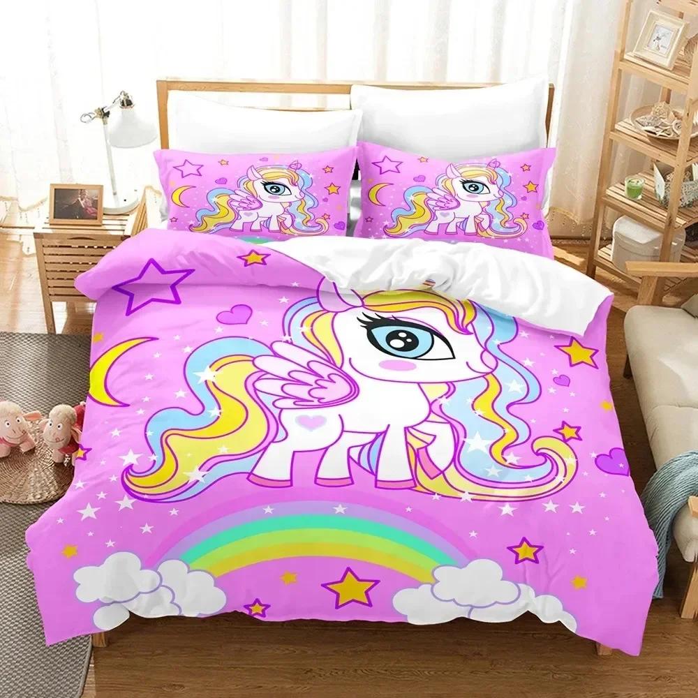 Комплект постельного белья с рисунком единорога из мультфильма King Queen Size, милый розовый, синий, сказочные животные, комплект постельного белья из полиэстера для девочек и детей 135x200cm