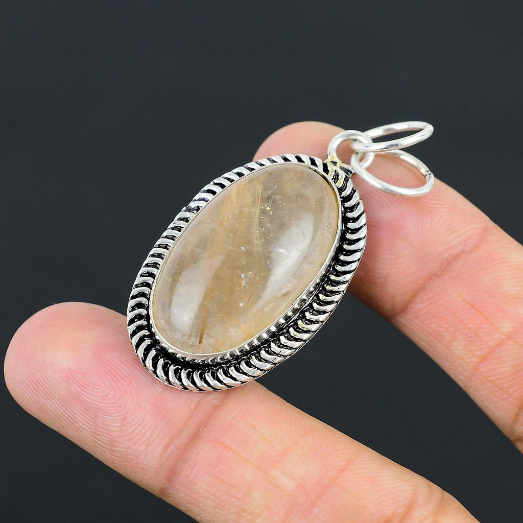925 Sterling Silver Golden Rutile Stone Bezel Birthday Sister Pendant Jewelry