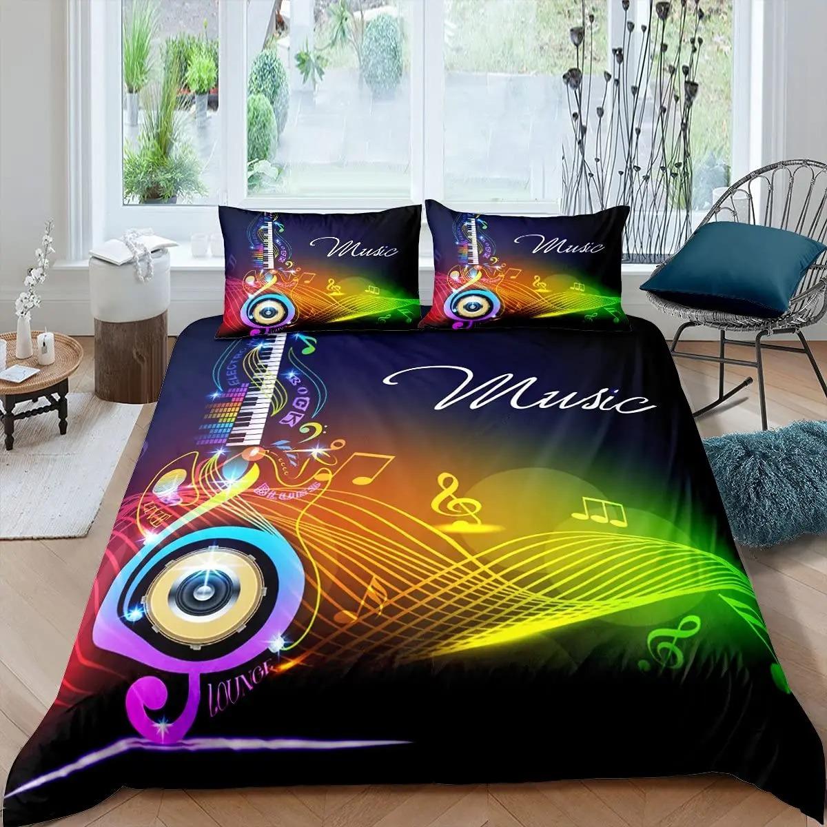 Muzieknoot Dekbedovertrek Set Queen Size Rockmuziek Thema Dekbedovertrek Jongens Meisjes Kleurrijke Koptelefoon Radio Zachte Beddengoedset EU Single 135x200cm