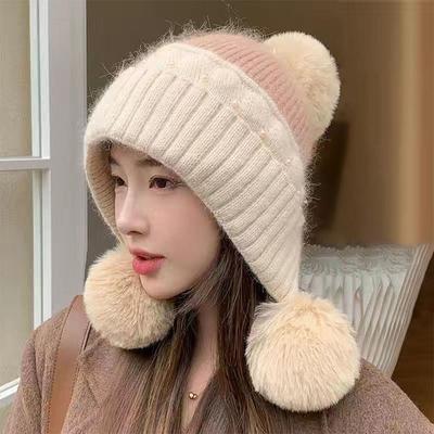 Warm Thickened Knitted Hat Ear Protection Windproof Bonnet Caps Coldproof Pearl-embellished Women's Beanies for Outdoor Riding