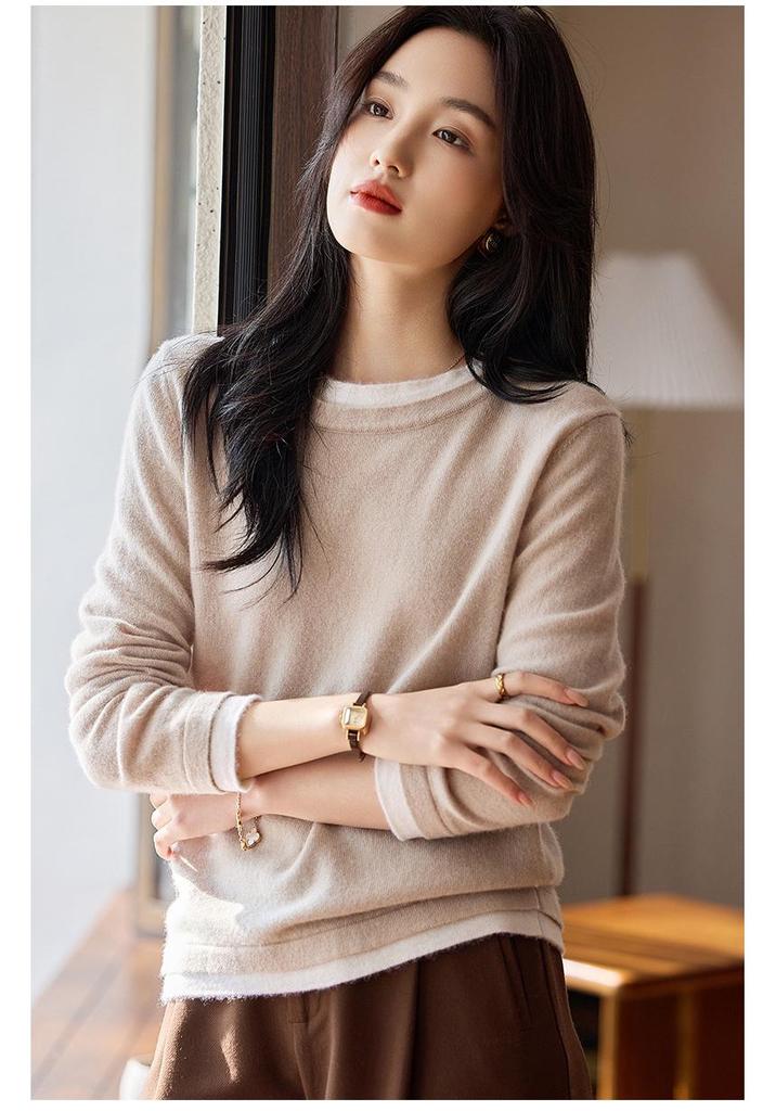 Women's Round Neck Color Block Wool Sweater: Patchwork Long Sleeve Pullover, Two-Piece Look, Versatile Knit Base Layer.