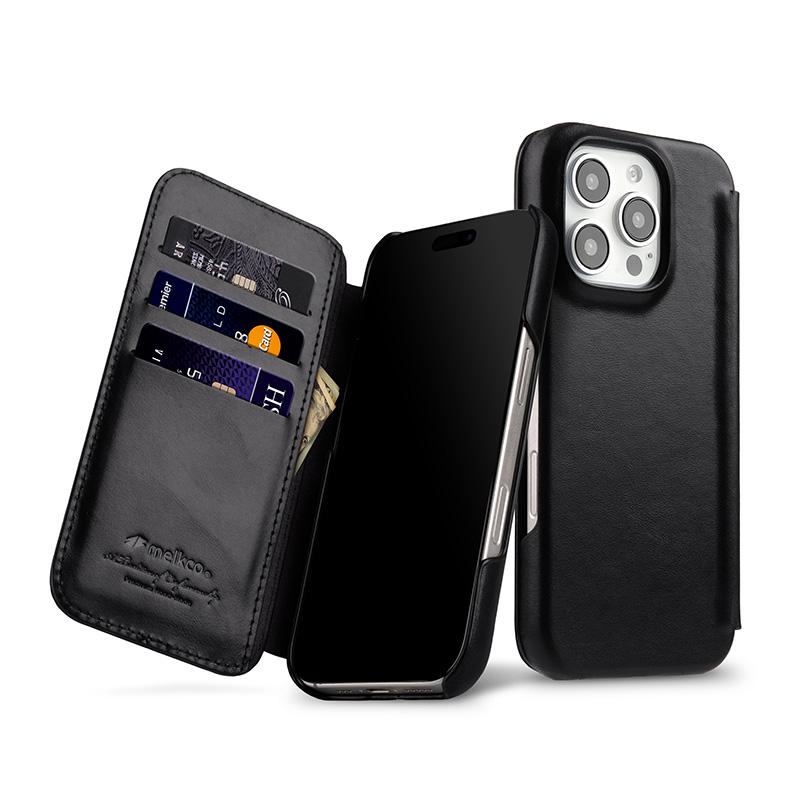

Melkco Genuine Cowhide Leather Phone Case for iPhone 16 Pro Max 16 Pro Magnetic Charging Premium Oil Wax Vertical Flip Cover iPhone 16 Pro чорний