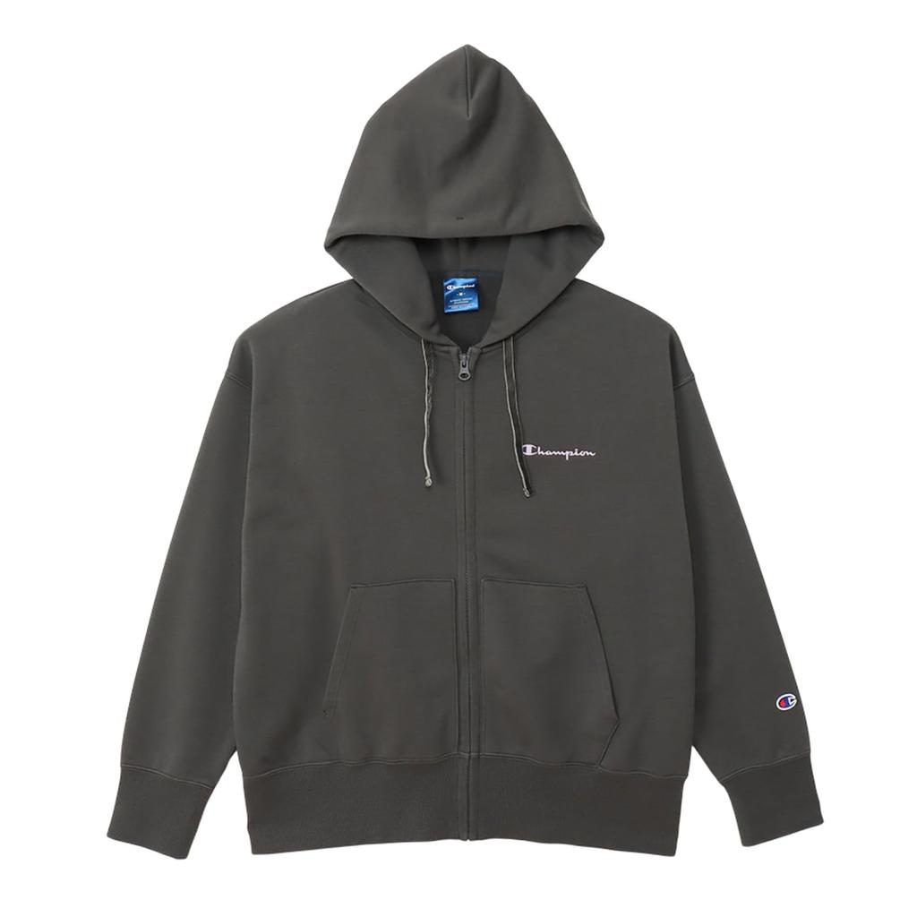 Champion Terry Zip Hooded Long Relax Script Women's Techweave® Sweatshirt, Sleeve, Fit, Stretch, Quick-Drying, Logo, Off-Black (CW-AS103)