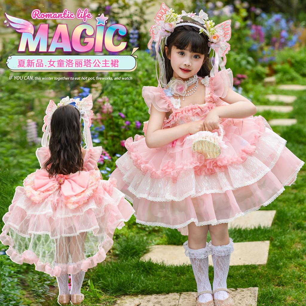 Girl Lolita Princess Dress Summer Lace Children's Super Fairy Flower Fairy Pink Dress Puff Skirt Dress