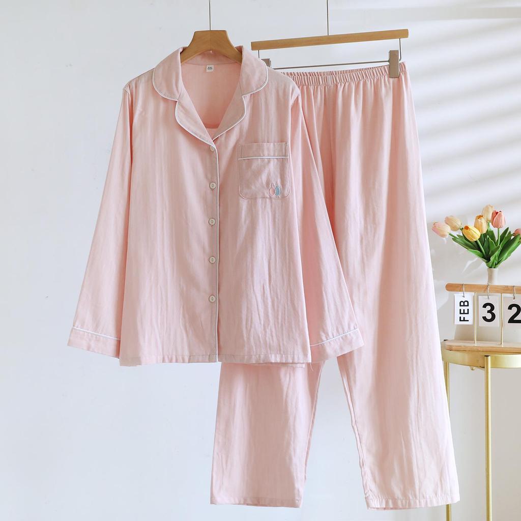 Women's Lightweight Cotton Gauze Pajama Set - Spring/Summer Long Sleeve Cardigan