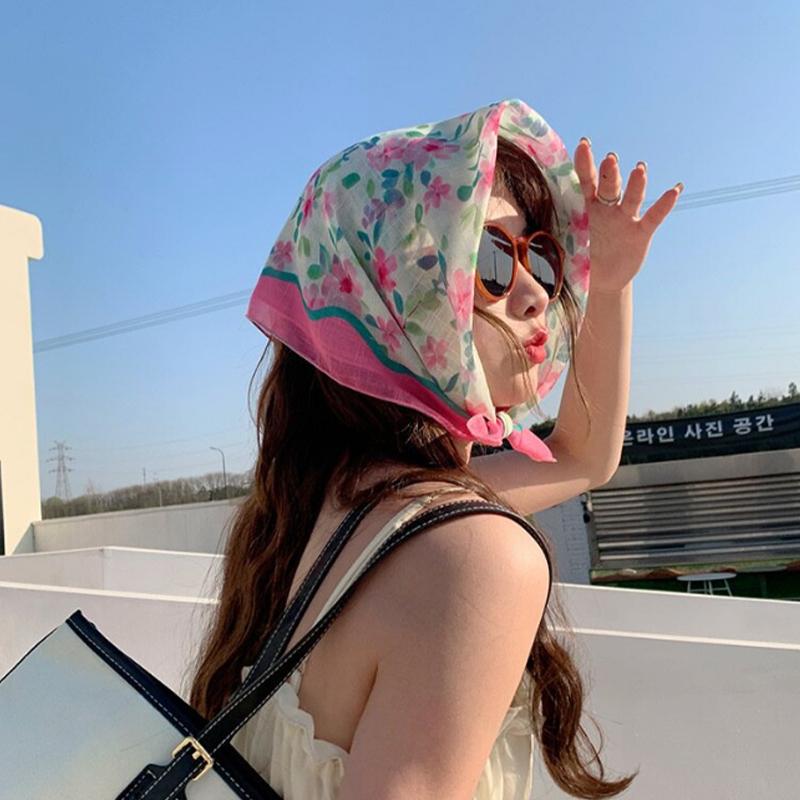 Women Flower Printed Headscarf Sun Protection French Pastoral Style Boho Lightweight Travel Picnic Outdoor Girls Scarf