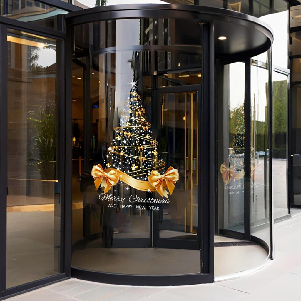 65x45cm Gold Christmas Tree Window Decals - Double-Sided Self-Adhesive Wall Mural Stickers for Holiday Home Office Decor