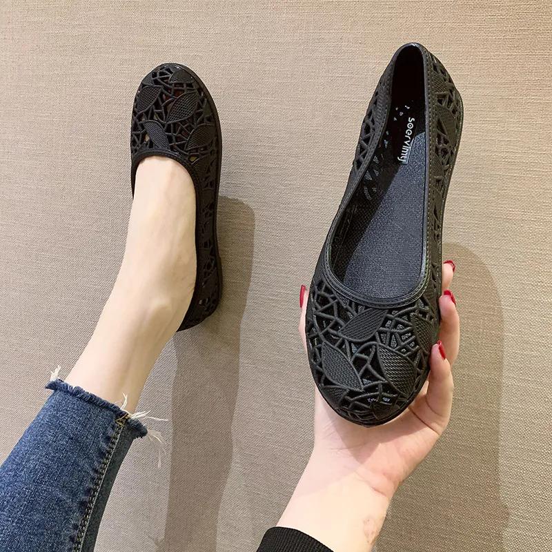 WTEMPO Ausgehöhlte, atmungsaktive, flache, dicke Ferse, rutschfeste Freizeit-Arbeitsschuhe für Damen, Frühling, Sommer, große Größe, einfarbig, Einzelschuhe