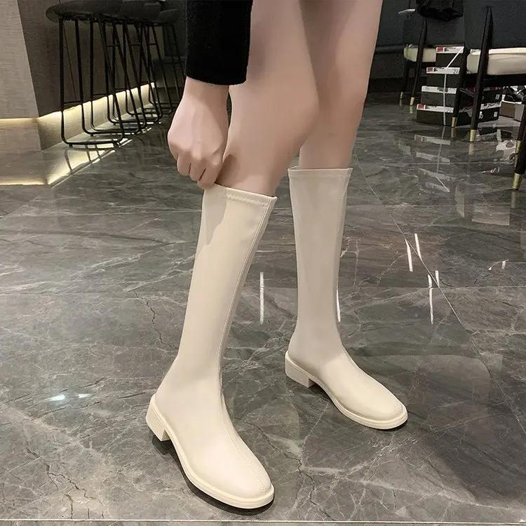 Large Size Long Leg Women's Boots Square Toe High Leg Flat Bottom Low Heel Zipper Knight Boots Platform Boots  Women Shoes