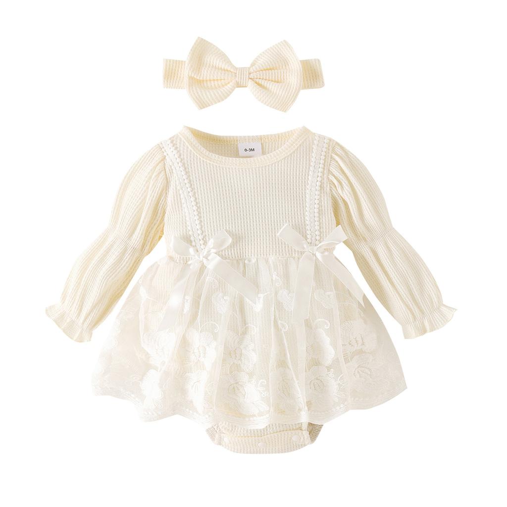 Baby- und Kleinkindkleidung Koreanischer Stil Herbst Waffel Laternenärmel Netz-Strampler mit offenem Schritt + Fußsocken + Kopfbedeckung