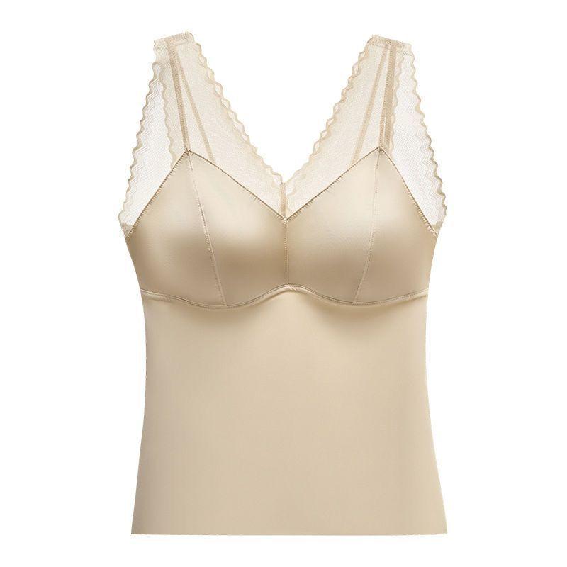 Damen Sommer Nahtloses Satin Camisole Weste mit Brustpolster BH Integriert Einfarbig Schöner Rücken Spitze Futter Top