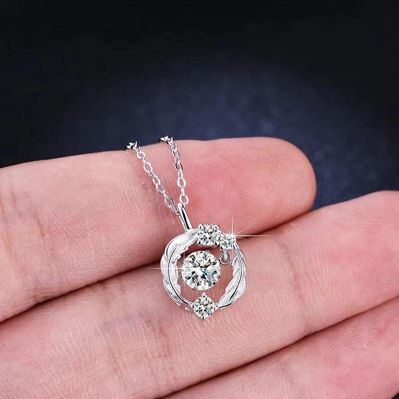 New D Color Real Moissanite Pendant Necklace Pure 925 Sterling Silver Round Feather Pendant for Women Wedding Fine Jewelry