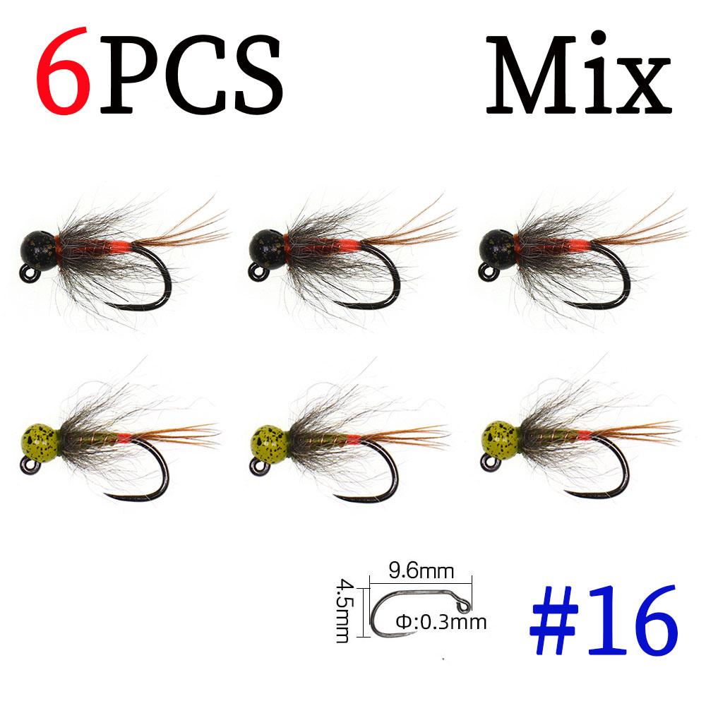 6PCS Jig Tungsten Bead Head Nymph Euro Nymph Fast Sinking Barbless Hook Fly Fishing For Trout Grayling Panfish Insect Baits Lure