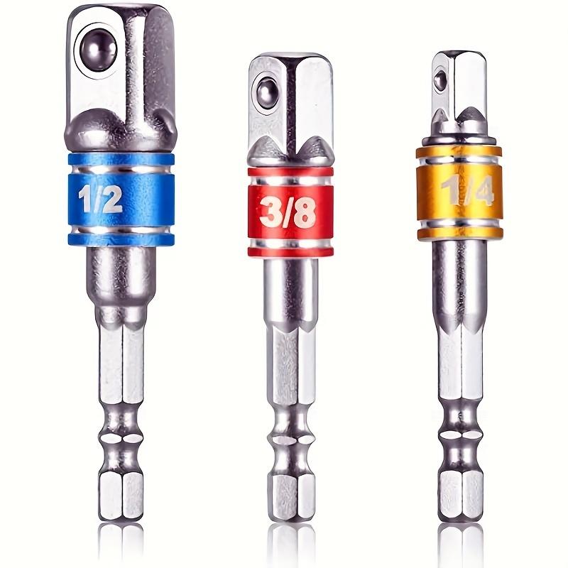 [Durable Adapters] 3pcs Durable Alloy Color-Coded Impact Socket Adapters - 1/4", 3/8", 1/2" Hex | Compatible with Cordless Drills, Square Drill Bits