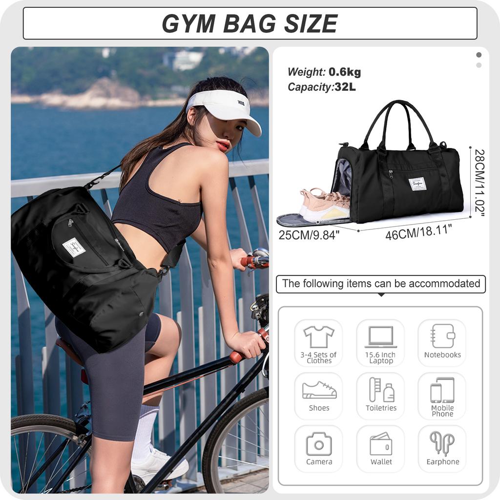 Foldable Travel Bag Men Gym Bag, Waterproof Women's Weekend Travel Bag Large Sail Bag with Wet Pocket and Shoulder Luggage Bag