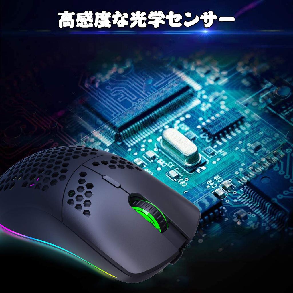 Wireless Gaming Mouse, Lightweight, Honeycomb Design, Optical RGB Backlight, 6 Buttons, 4-Level DPI Adjustment, Rechargeable 750mAh 2.4GHz Battery,