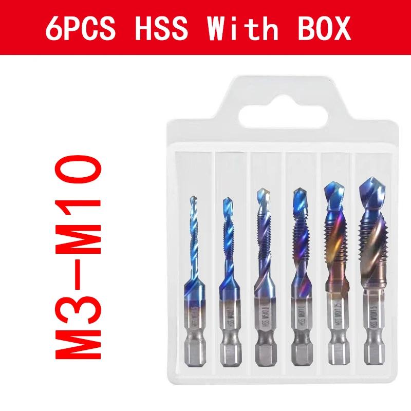 1-6PCS Tap Drill Titanium Plated Hex Shank HSS Screw Thread Metric Tap Bits Screw Machine Compound M3 M4 M5 M6 M8 M10 Hand Tools