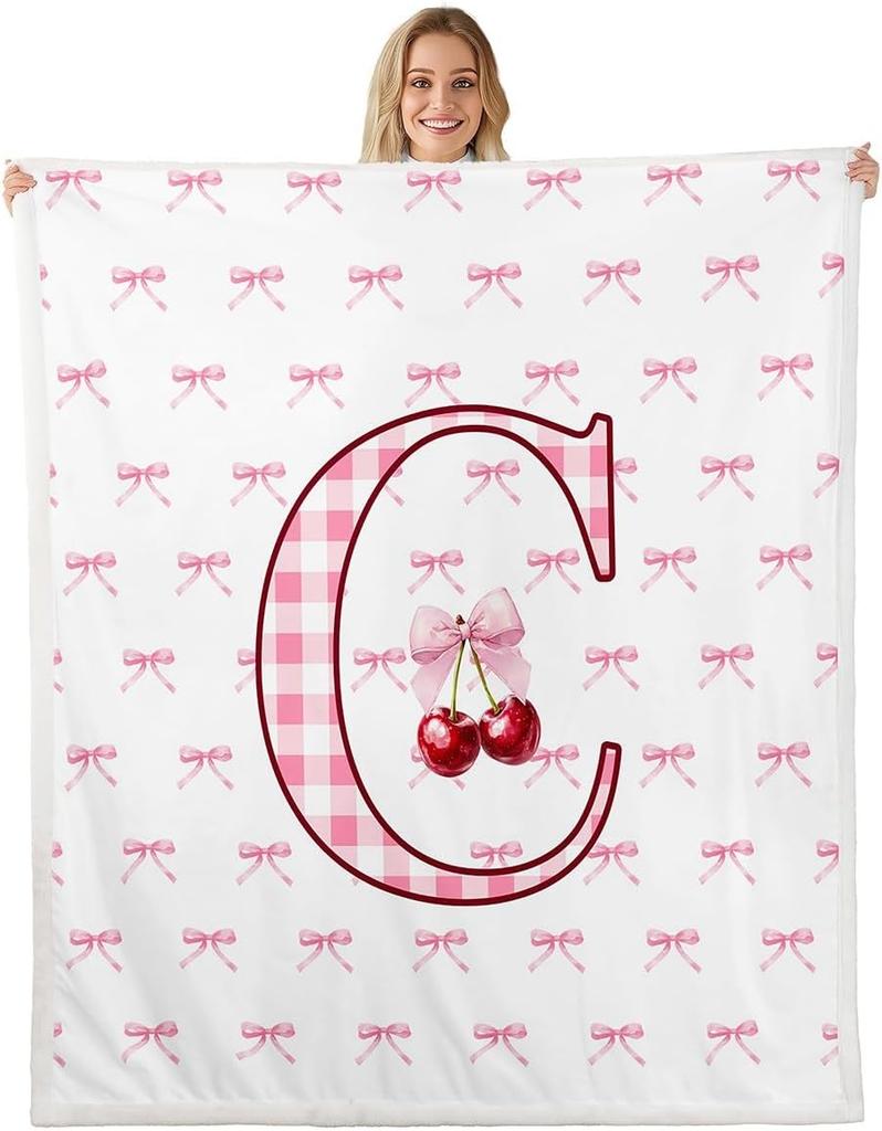 Erosebridal Initial P Letter Bowknot Fleece Blanket Throw Pink Bow Tie Cherry Sherpa Blanket Princess Coquette Decor Fuzzy