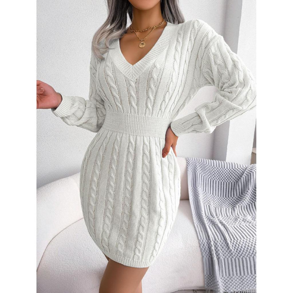 Damen Pulloverkleider Cocktail V-Ausschnitt Strickkleid Pullover Etuikleid