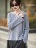 2026 Spring & Autumn Women's V-neck Wool Knit Pullover - Long Sleeve Ribbed Solid Color Top