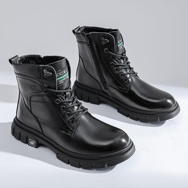 2025 new first-layer cowhide men's genuine leather Martin boots winter men's high-top tooling shoes trendy velvet leather boots