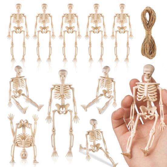 10 Stück Mini-Skelettfiguren als Dekoration, 15,2 cm, bewegliche menschliche Knochenstatue, Totenkopf-Requisite aus Kunststoff für Halloween, Zuhause, Spukhaus, Partygeschenke