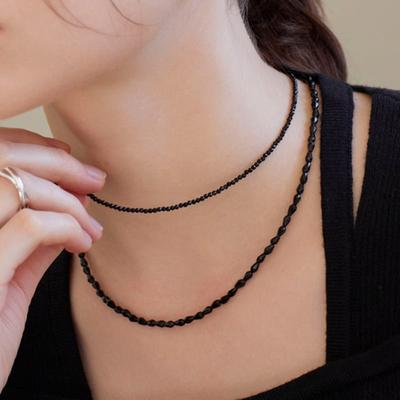 Dmoment (925 Silver) SET Serenite Black Bead Layered Silver Necklace