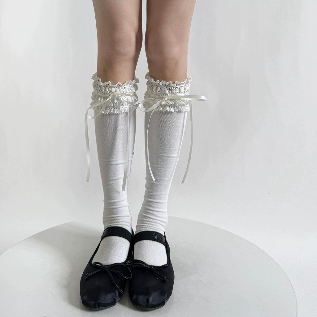 Reine Baumwolle Lolita Breite Spitze Schleife Socken - Frühling Wadenlang Süßer Wunsch Stil