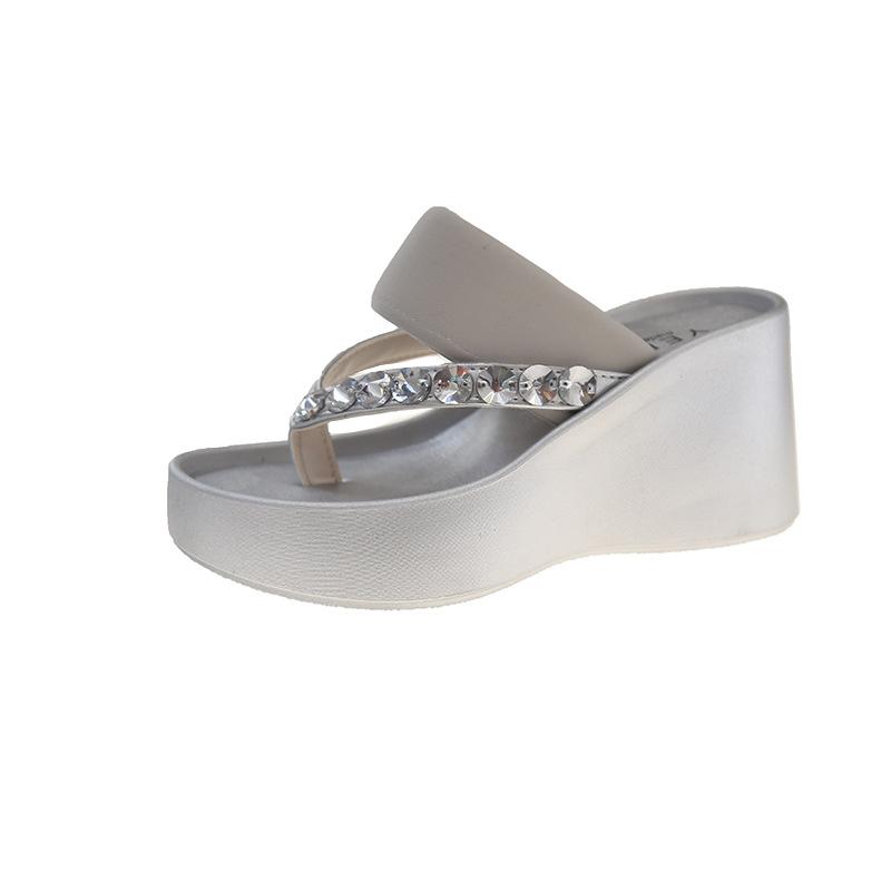 Small Man Increases Height Seaside Vacation Toe Flip-flops Rhinestone Thick Bottom Summer Muffin Slope Heel Beach Women's Cool Slippers