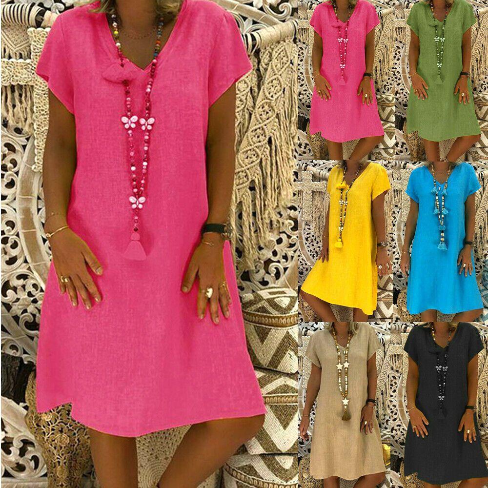 Stylish Summer Women's Short Sleeves V-neck Tunic Midi Dress For Plus Size Fashion
