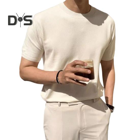Summer Men T-Shirt Crew Neck Solid Color Short Sleeves Knitted Shirt Breathable Slim Fit Lightweight Basic Tee Casual Business Top