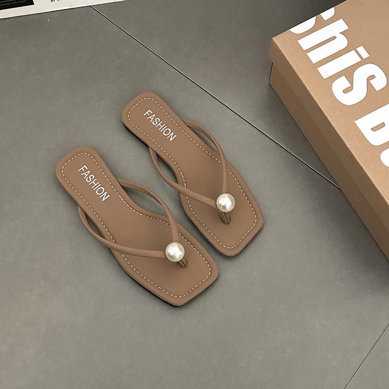New Seaside Beach Shoes Korean Version of Women's Summer Fashion Flat Bottom Simple Solid Color Pearl Toe Flip-flops Shoes Versatile
