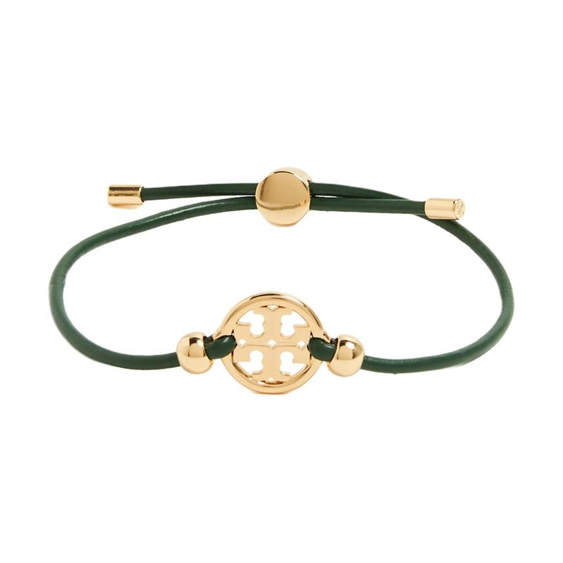 Tory Burch Logo Design 18K Gold Plated Brass Leather Bracelet Women's Green 14470-Green F