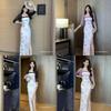 Vintage Floral Print Knit Dress With Side Slit For Summer Casual Wear