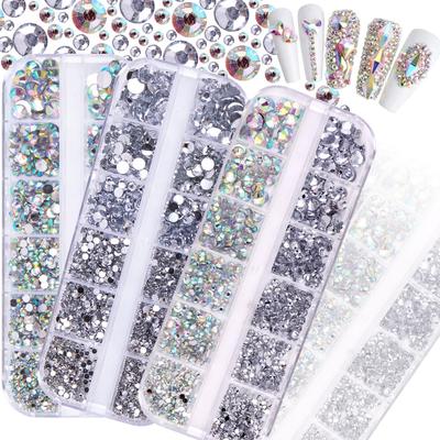 12-Fächer-Box mit gemischten Acrylharz-Strasssteinen mit flachem Boden für DIY Bären-Nagelkunst