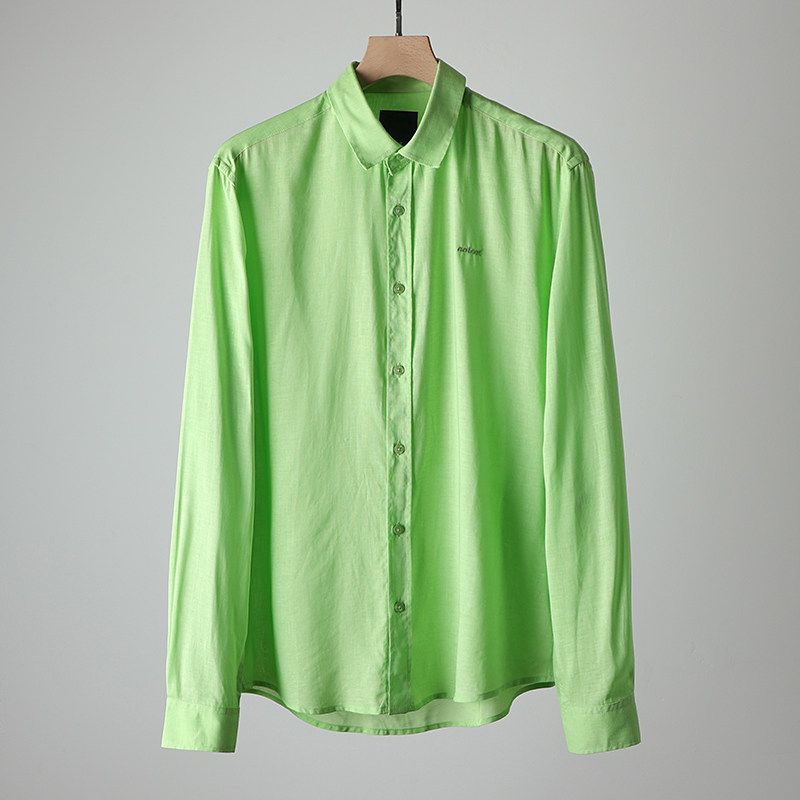 Экспортная последняя партия Мужской крой Бирка Вышивка Льняная рубашка Мужская с коротким рукавом Летняя тонкая Экспортная оригинальная партия Хлопково-льняная рубашка Верхняя одежда Fluorescent Green L