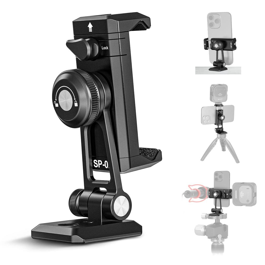 NEEWER Smartphone Tripod Mount Aluminum Smartphone Holder Clamp with Cold and Compatible with iPhone Pro Mini and Galaxy S23 Adapter, Shoe, 1/4" 3/8"