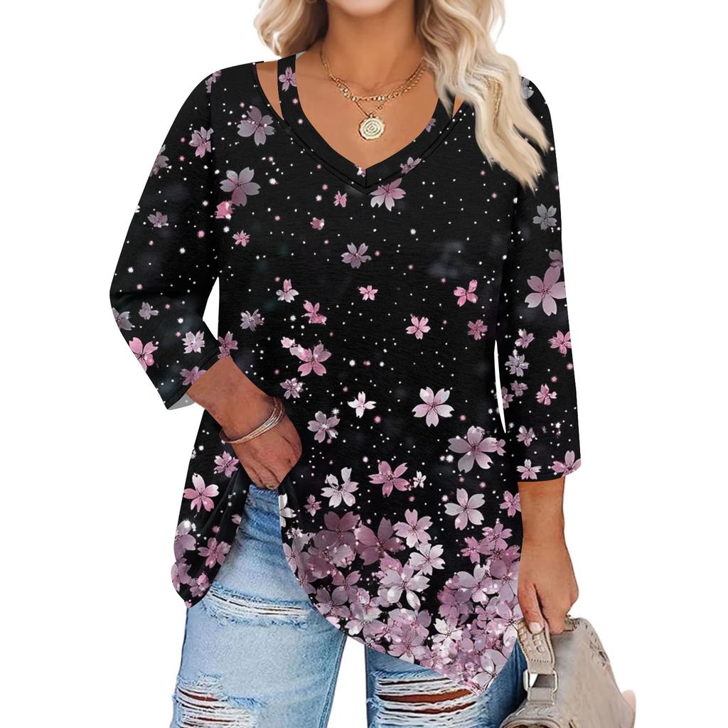 Damen Print Übergröße Oberteile Hohl V-Ausschnitt 3/4 Ärmel Shirt Elegant Lässige Oberteile