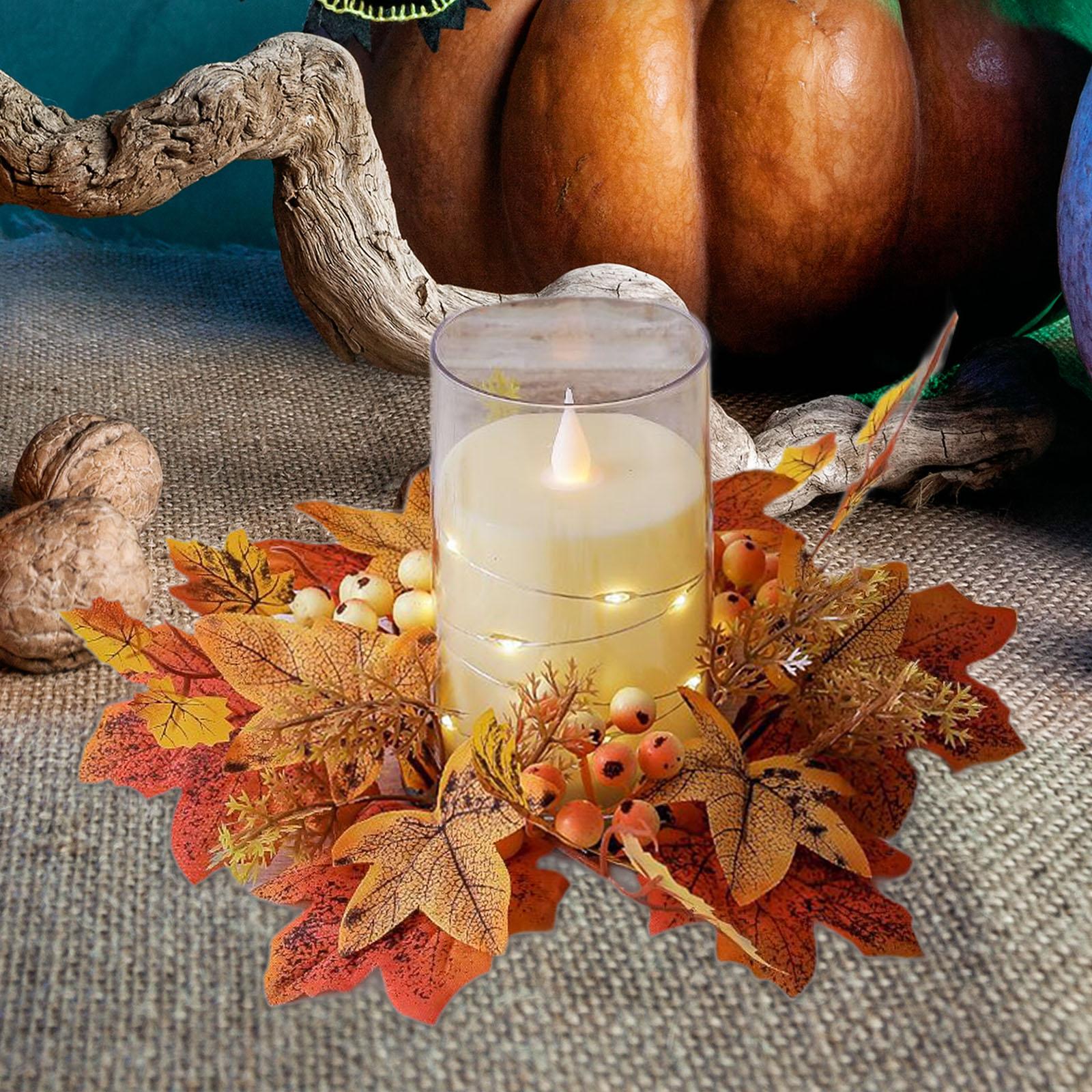 

Fall Candle Ring for Pillar Artificial Candle Garland Decor Mini Autumn Wreath Rustic Fall Candle Holders for Bar Home Party жовтий