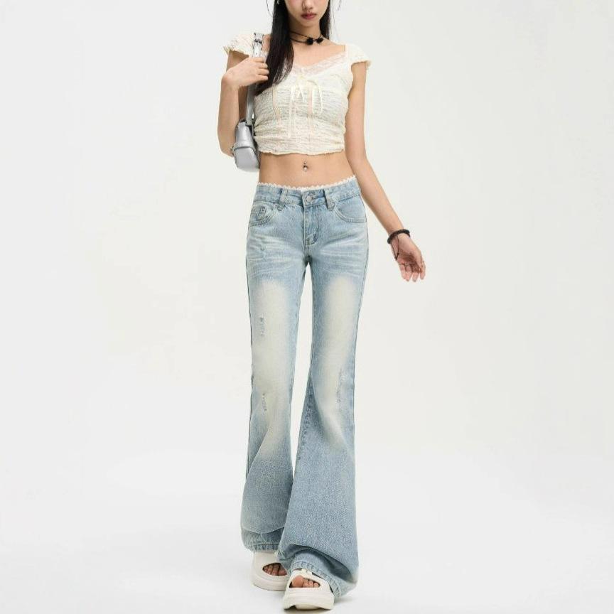 Koronkowe wstawki Mikro-szerokie Jeansy Damskie Letnie Prane Niebieskie Retro Obcisłe Spodnie Jeansowe z Niskim Stanem Retro Street Style Luźne Długie Jeansy dla Pań