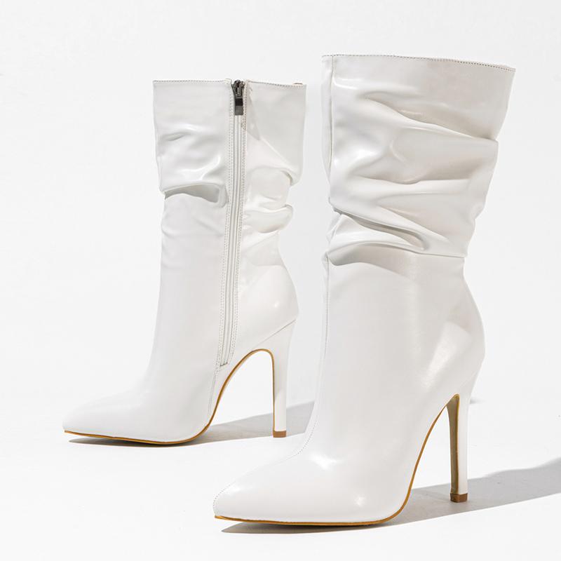 

Модные Liyke Высококачественные Однотонные Черные Плиссированные Кожаные Сапоги для Женщин Сексуальные Остроносые Вечерние Клубные Туфли Стриптизерши на Каблуках Ботильоны на Молнии 35 белый