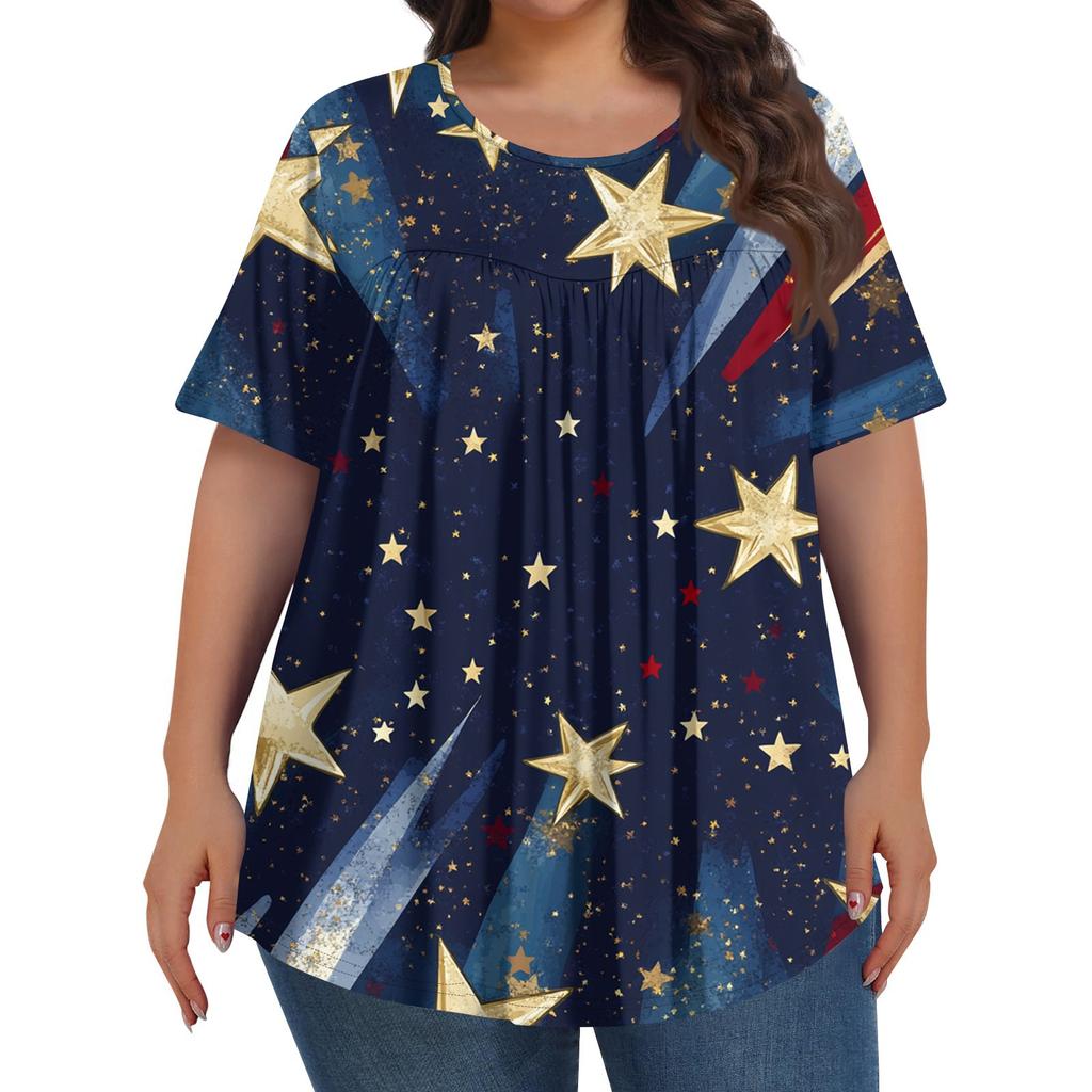 Damenmode, Übergröße, lässig, kurzärmliges Oberteil mit Rundhalsausschnitt und Falten vorne zum Unabhängigkeitstag-Aufdruck