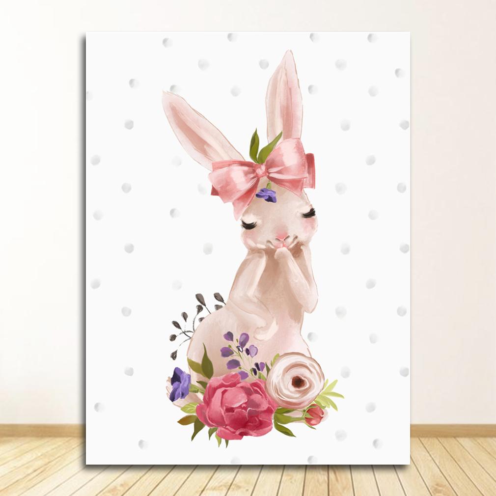 Pink Flowers Girl Baby Room Decor Cartoon Picture Bunny Poster Paintings Animals Nursery Wall Art Print Rabbit Canvas Painting