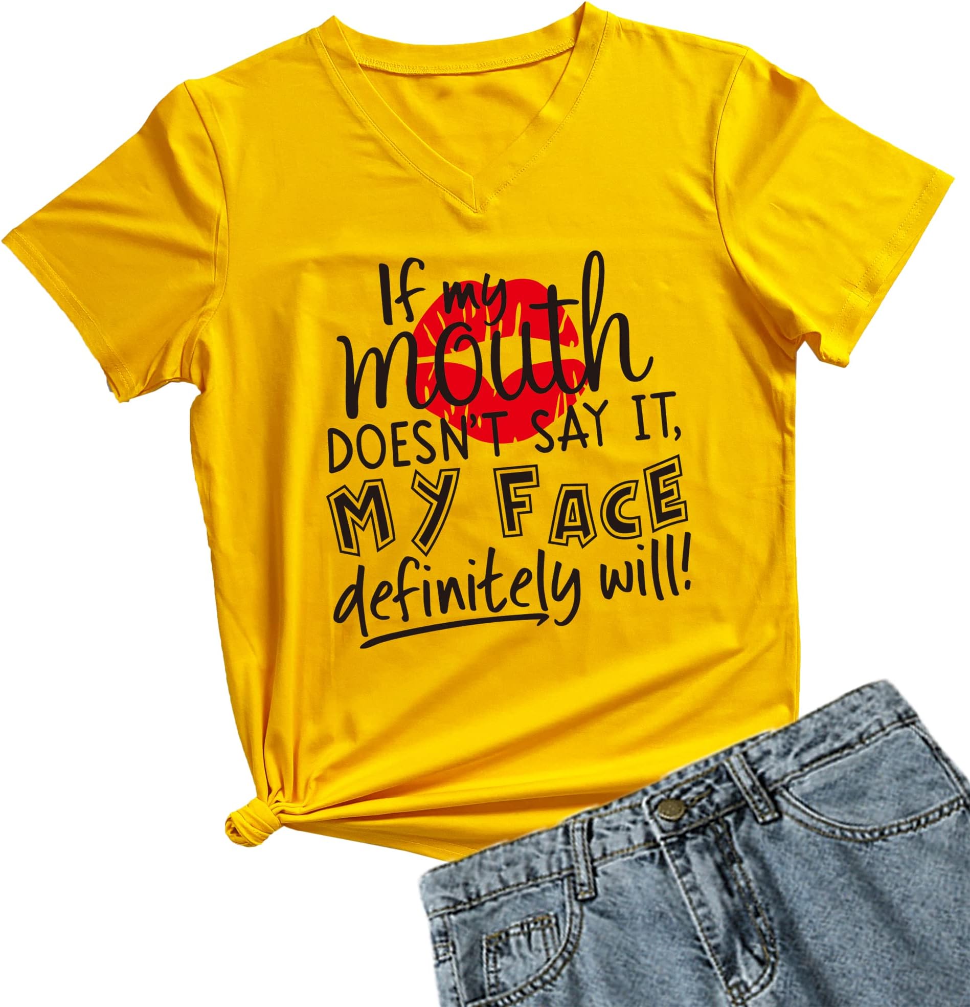 

MIMOORN Womens V-Neck If My Mouth Doesn t Say It My Face Definitely Will Shirt 4XL