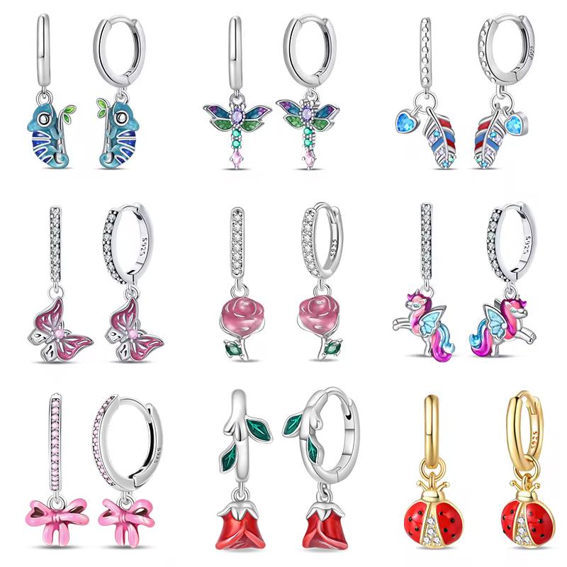 100% 925 Silver Colorful Butterfly Ladybug Rose Bow Pendant Earrings For Women Fashion Anniversary Party Jewelry Gifts